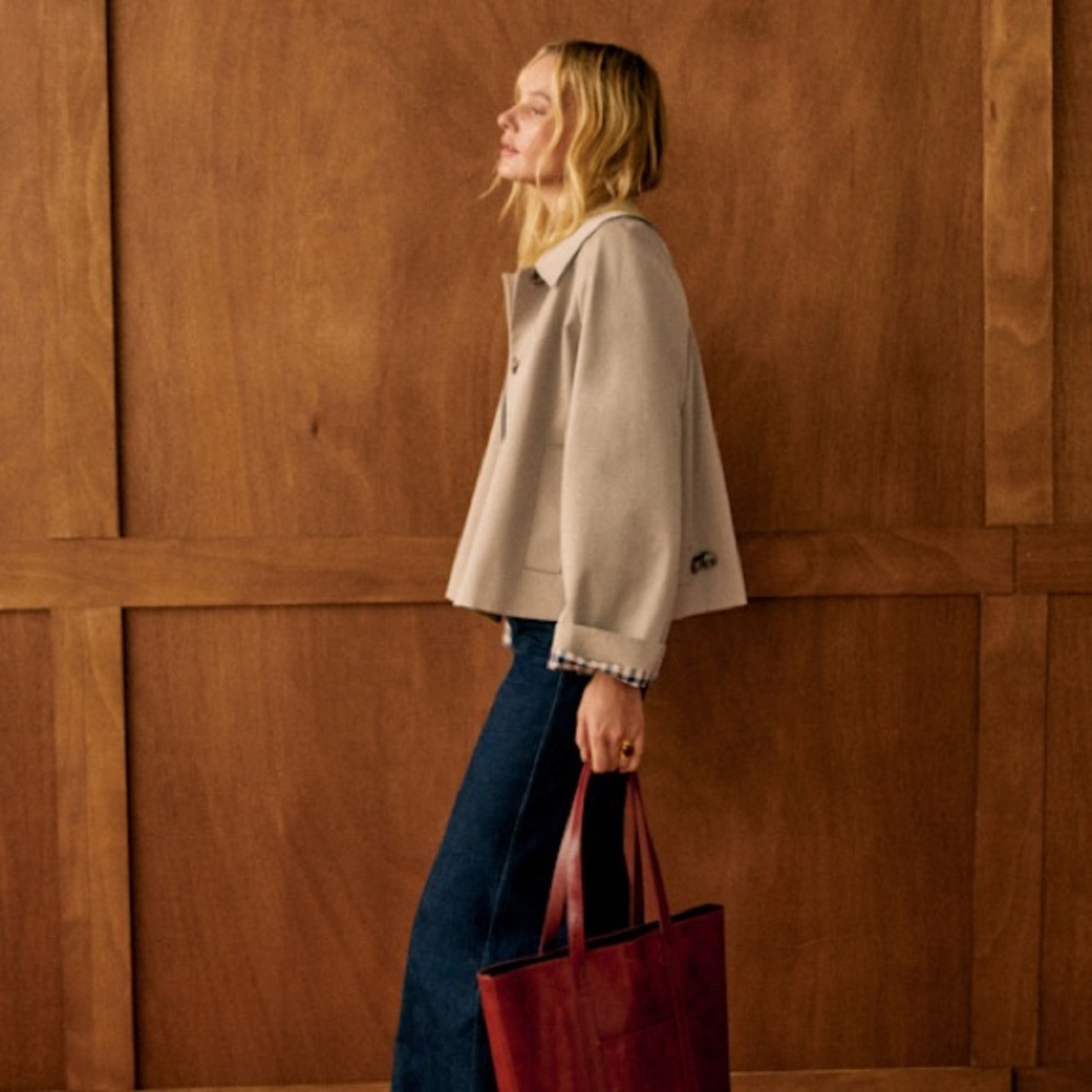 Sezane Bobby Jacket, Light Beige & Gingham, Oversized Cropped Trench, NWT Size 2 - Picture 4 of 16